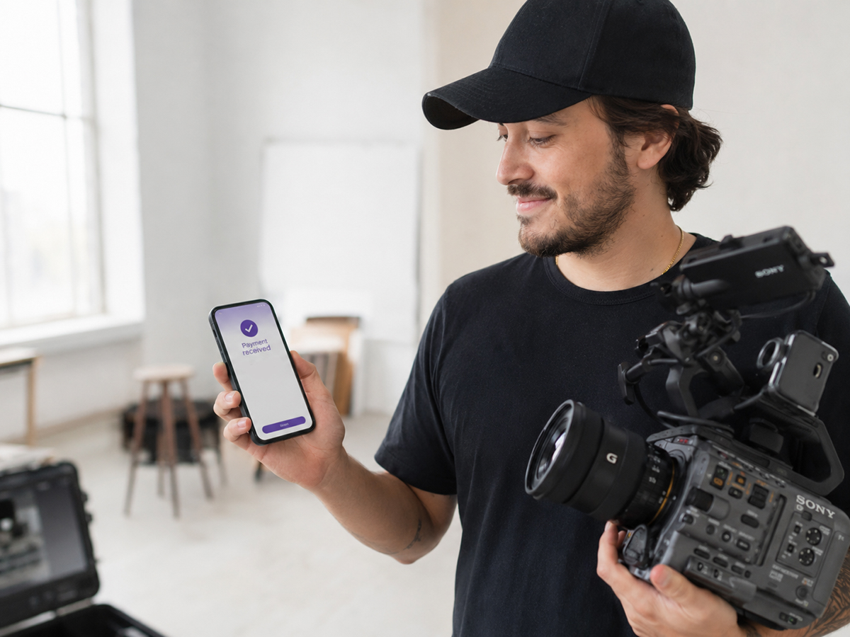 A videographer holding a Sony cinema camera and looking at a payment received notification on their phone