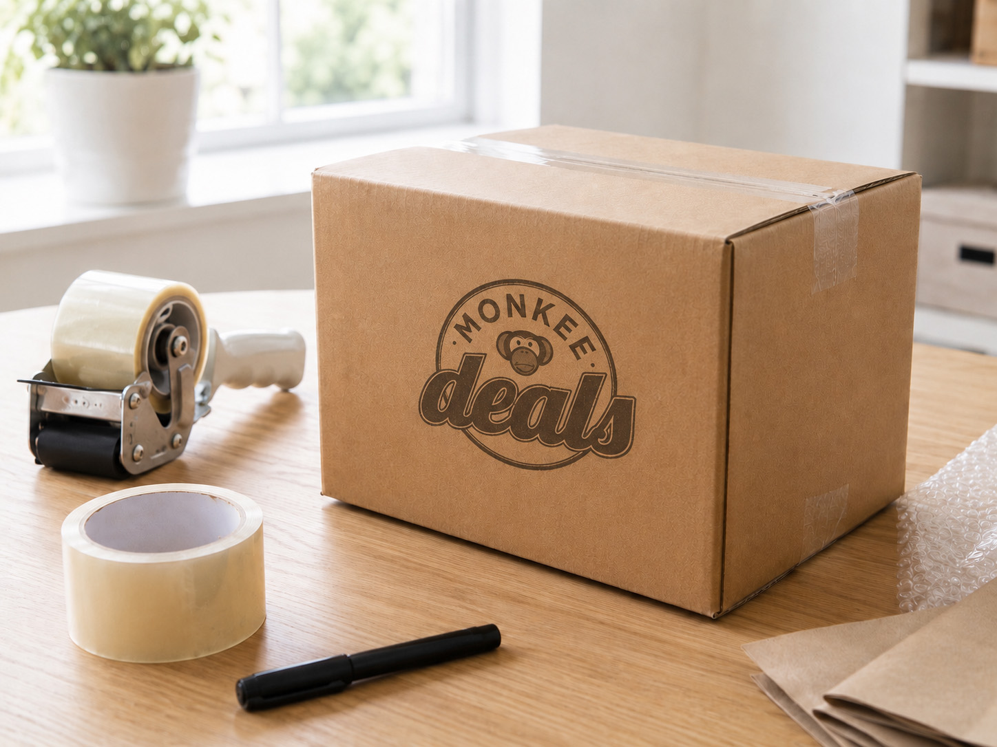 A sealed cardboard shipping box printed with the Monkee Deals logo, beside packing tape and supplies on a table